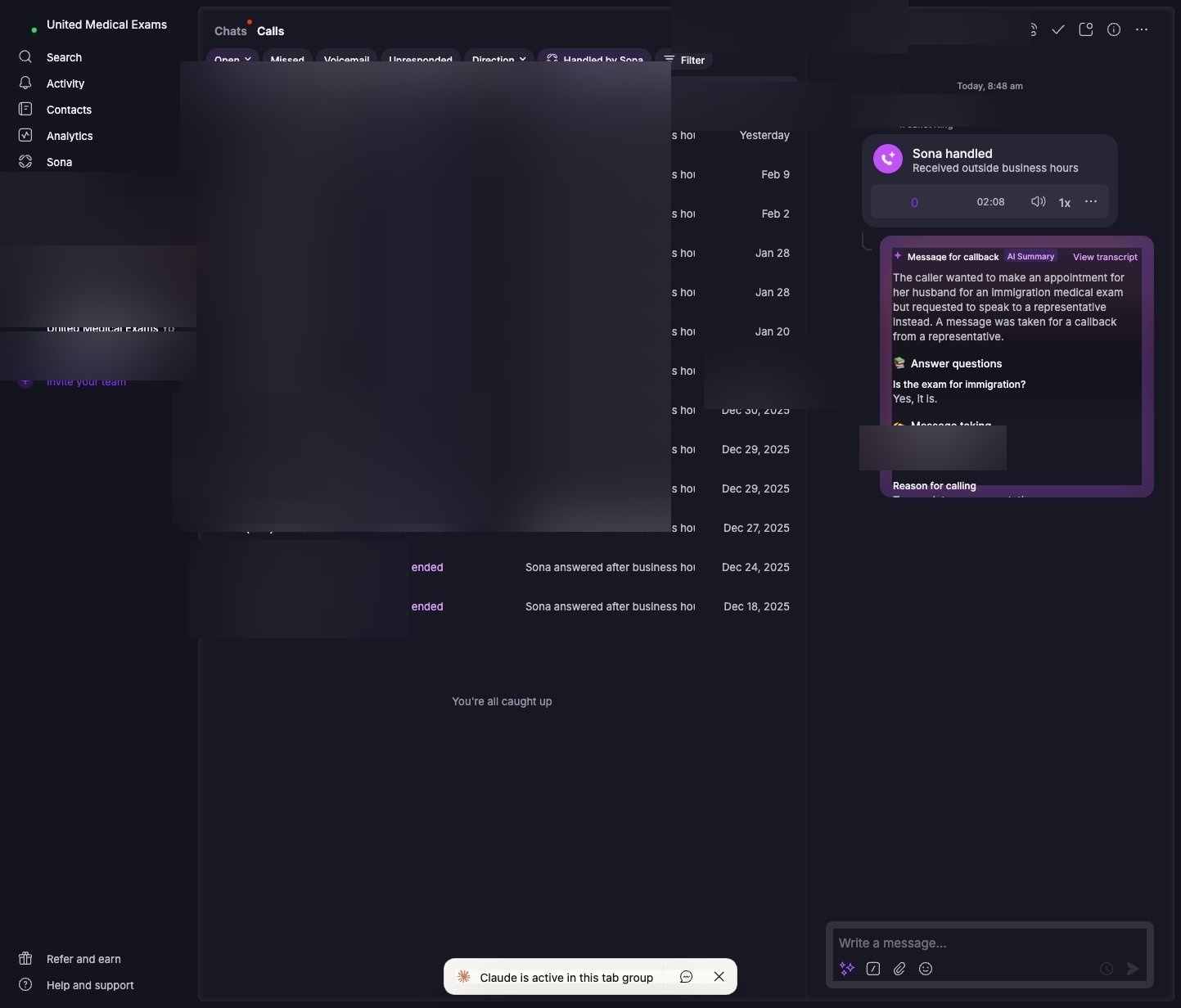 AI Handled Calls List